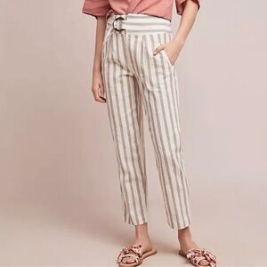 Anthropologie Oasis Linen Striped Beige and White Trousers